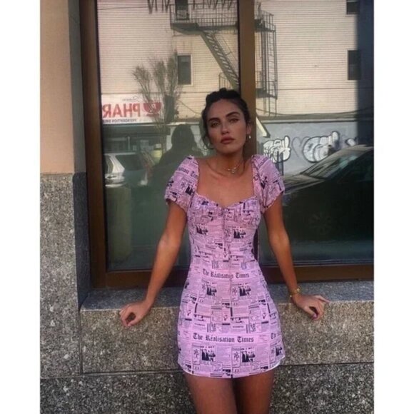 💕REALISATION PAR💕 Venus Babydoll Mini Dress ~ Pink Newspaper Print XS Y2K 90s - Picture 6 of 16